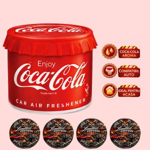 Odorizant Auto 3D Coca Cola Original, Tip conserva, Cupholder, Parfum Intens și Persistent, Design Realist, Vegan Friendly, ideal pentru masina birou casa, 4x Stickere auto