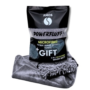 Prosop microfibra ultra absorbant auto AMOS Powerfluff 1000 GSM, manusa spalare, material premium, uscare rapida fara urme, Culoare Gri, Dimensiune 60x80 cm
