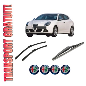 Set 3 stergatoare ALFA ROMEO GIULIETTA (940_) din 2010-2020, pentru parbriz si luneta fata si spate auto, Bosch Twin-Aerotwin, din cauciuc siliconat rezistent, 4 Stickere Auto ALFA ROMEO