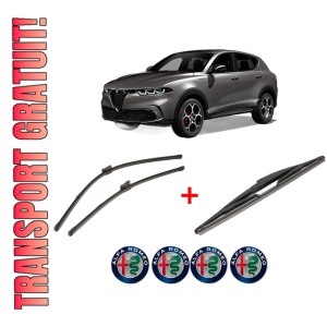Set 3 stergatoare ALFA ROMEO TONALE (965_) din 2022, pentru parbriz si luneta fata si spate auto, Valeo Silencio, din cauciuc siliconat rezistent, 4 Stickere Auto ALFA ROMEO