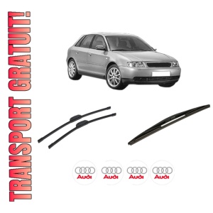 Set 3 stergatoare AUDI A3 (8L1) din 1996-2003, pentru parbriz si luneta fata si spate auto, Bosch Twin-Aerotwin Retrofit, din cauciuc siliconat rezistent, 4 Stickere Auto AUDI