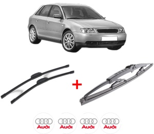 Set 3 stergatoare AUDI A3 (8L1) din 1996 - 2003, pentru parbriz si luneta fata si spate auto, Bosch Twin, din cauciuc siliconat rezistent, 4 Stickere Auto AUDI v11795