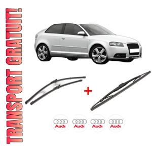Set 3 stergatoare AUDI A3 (8P1) din 2003 - 2012, pentru parbriz si luneta fata si spate auto, Valeo Silencio, din cauciuc siliconat rezistent, 4 Stickere Auto AUDI