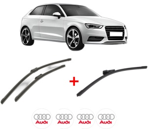 Set 3 stergatoare AUDI A3 (8V1, 8VK) din 2012 - 2020, pentru parbriz si luneta fata si spate auto, Bosch Aerotwin, din cauciuc siliconat rezistent, 4 Stickere Auto AUDI v6041