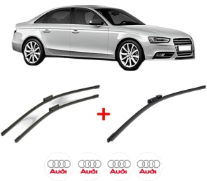 Set 3 stergatoare AUDI A4 B8 (8K2) din 2008 - 2015, pentru parbriz si luneta fata si spate auto, Bosch Aerotwin, din cauciuc siliconat rezistent, 4 Stickere Auto AUDI v4666