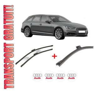 Set 3 stergatoare AUDI A4 B9 Avant (8W5, 8WD) din 2015 - 2020, pentru parbriz si luneta fata si spate auto, Bosch Aerotwin, din cauciuc siliconat rezistent, 4 Stickere Auto AUDI