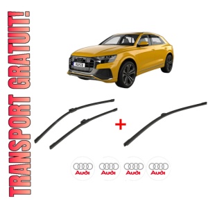 Set 3 stergatoare AUDI Q8 (4MN, 4MT) din 2018, pentru parbriz si luneta fata si spate auto, Bosch Aerotwin, din cauciuc siliconat rezistent, 4 Stickere Auto AUDI