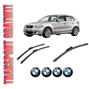Set 3 stergatoare BMW Seria 1 (E81) din 2006-2012, pentru parbriz si luneta fata si spate auto, Bosch Aerotwin-Aerotwin, din cauciuc siliconat rezistent, 4 Stickere Auto BMW