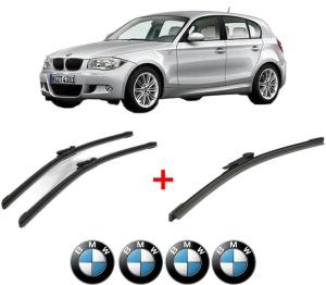 Set 3 stergatoare BMW Seria 1 (E81) din 2006 - 2012, pentru parbriz si luneta fata si spate auto, Bosch Aerotwin, din cauciuc siliconat rezistent, 4 Stickere Auto BMW v6281