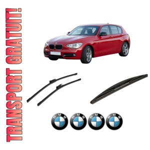 Set 3 stergatoare BMW Seria 1 Van (F20) din 2015-2019, pentru parbriz si luneta fata si spate auto, Bosch Twin-Aerotwin, din cauciuc siliconat rezistent, 4 Stickere Auto BMW