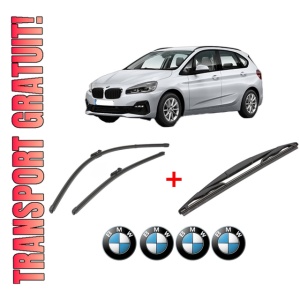 Set 3 stergatoare BMW Seria 2 Active Tourer (F45) din 2013 - 2021, pentru parbriz si luneta fata si spate auto, Valeo Silencio, din cauciuc siliconat rezistent, 4 Stickere Auto BMW
