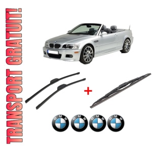 Set 3 stergatoare BMW Seria 3 Compact (E46) din 2001 - 2005, pentru parbriz si luneta fata si spate auto, Bosch Twin, din cauciuc siliconat rezistent, 4 Stickere Auto BMW