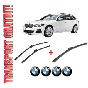 Set 3 stergatoare BMW Seria 3 Touring (G21, G81) din 2019 - 2024, pentru parbriz si luneta fata si spate auto, Bosch Aerotwin, din cauciuc siliconat rezistent, 4 Stickere Auto BMW