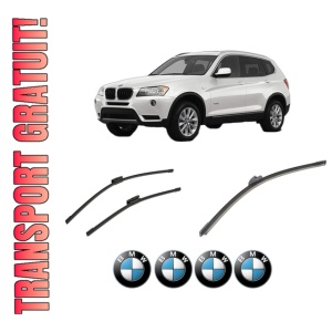 Set 3 stergatoare BMW Seria X3 (F25) din 2010-2017, pentru parbriz si luneta fata si spate auto, Bosch Aerotwin-Aerotwin Multi, din cauciuc siliconat rezistent, 4 Stickere Auto BMW