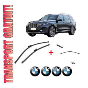 Set 3 stergatoare BMW Seria X7 (G07) din 2019 - 2020, pentru parbriz si luneta fata si spate auto, Valeo Silencio, din cauciuc siliconat rezistent, 4 Stickere Auto BMW