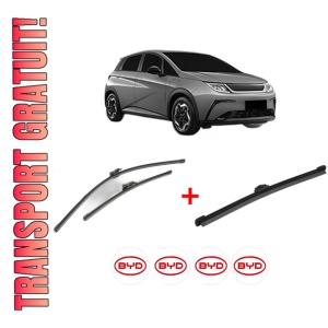 Set 3 stergatoare BYD DOLPHIN din 2021, pentru parbriz si luneta fata si spate auto, Valeo Silencio, din cauciuc siliconat rezistent, 4 Stickere Auto BYD