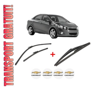Set 3 stergatoare CHEVROLET AVEO Saloon (T300) din 2011 - 2015, pentru parbriz si luneta fata si spate auto, Valeo Silencio, din cauciuc siliconat rezistent, 4 Stickere Auto CHEVROLET