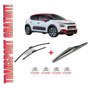 Set 3 stergatoare CITROEN C3 III (SX) din 2016 - 2018, pentru parbriz si luneta fata si spate auto, Bosch Twin, din cauciuc siliconat rezistent, 4 Stickere Auto CITROEN