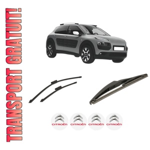Set 3 stergatoare CITROEN C4 CACTUS din 2014-2018, pentru parbriz si luneta fata si spate auto, Bosch Twin-Aerotwin, din cauciuc siliconat rezistent, 4 Stickere Auto CITROEN