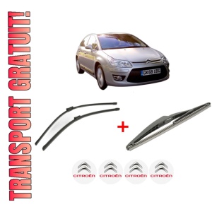 Set 3 stergatoare CITROEN C4 II (NC_) din 2009 - 2018, pentru parbriz si luneta fata si spate auto, Bosch Twin, din cauciuc siliconat rezistent, 4 Stickere Auto CITROEN