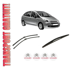 Set 3 stergatoare CITROEN XSARA PICASSO (N68) din 1999-2012, pentru parbriz si luneta fata si spate auto, Bosch Twin-Aerotwin, din cauciuc siliconat rezistent, 4 Stickere Auto CITROEN