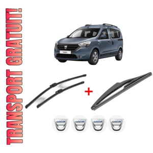 Set 3 stergatoare DACIA DOKKER Box Body/MPV din 2012 - 2021, pentru parbriz si luneta fata si spate auto, Valeo Silencio, din cauciuc siliconat rezistent, 4 Stickere Auto DACIA