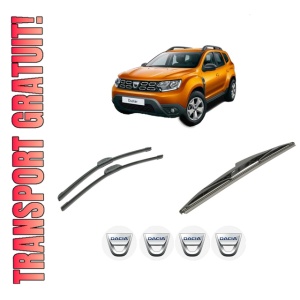 Set 3 stergatoare DACIA DUSTER SUV Van din 2011-2018, pentru parbriz si luneta fata si spate auto, Bosch Twin-Aerotwin Retrofit, din cauciuc siliconat rezistent, 4 Stickere Auto DACIA