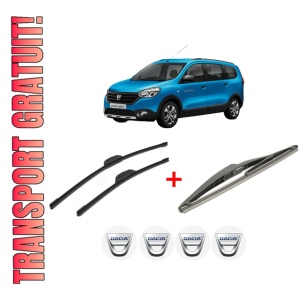 Set 3 stergatoare DACIA LODGY (JS_) din 2012, pentru parbriz si luneta fata si spate auto, Bosch Twin, din cauciuc siliconat rezistent, 4 Stickere Auto DACIA