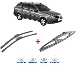 Set 3 stergatoare DAEWOO NUBIRA Wagon (J100) din 1997 - 1999, pentru parbriz si luneta fata si spate auto, Bosch Twin, din cauciuc siliconat rezistent, 4 Stickere Auto DAEWOO v11735
