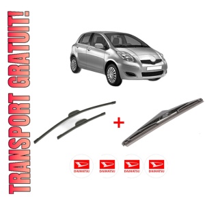 Set 3 stergatoare DAIHATSU CHARADE VIII din 2011, pentru parbriz si luneta fata si spate auto, Bosch Twin, din cauciuc siliconat rezistent, 4 Stickere Auto DAIHATSU