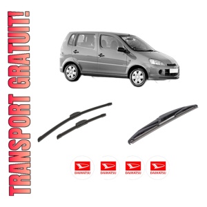 Set 3 stergatoare DAIHATSU YRV (M2) din 2001-2002, pentru parbriz si luneta fata si spate auto, Bosch Twin-Aerotwin Retrofit, din cauciuc siliconat rezistent, 4 Stickere Auto DAIHATSU