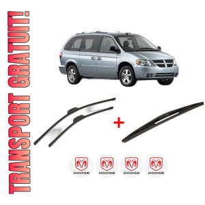Set 3 stergatoare DODGE GRAND CARAVAN din 2007 - 2010, pentru parbriz si luneta fata si spate auto, Bosch Twin, din cauciuc siliconat rezistent, 4 Stickere Auto DODGE