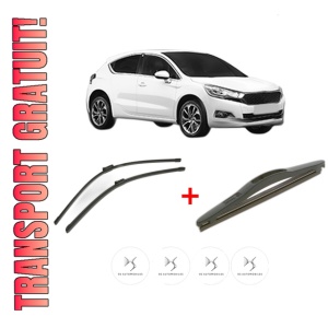 Set 3 stergatoare DS DS 4 / DS 4 CROSSBACK (NX_) din 2015 - 2018, pentru parbriz si luneta fata si spate auto, Bosch Twin, din cauciuc siliconat rezistent, 4 Stickere Auto DS