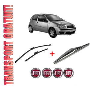 Set 3 stergatoare FIAT PUNTO (188_) din 2007 - 2012, pentru parbriz si luneta fata si spate auto, Bosch Twin, din cauciuc siliconat rezistent, 4 Stickere Auto FIAT
