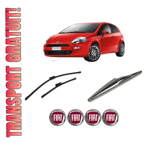 Set 3 stergatoare FIAT PUNTO EVO Hatchback Van (199_) din 2009-2012, pentru parbriz si luneta fata si spate auto, Bosch Twin-Aerotwin Multi, din cauciuc siliconat rezistent, 4 Stickere Auto FIAT