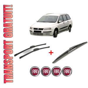 Set 3 stergatoare FIAT STILO Multi Wagon (192_) din 2003 - 2008, pentru parbriz si luneta fata si spate auto, Bosch Twin, din cauciuc siliconat rezistent, 4 Stickere Auto FIAT