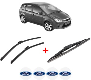Set 3 stergatoare FORD C-MAX (DM2) din 2003 - 2010, pentru parbriz si luneta fata si spate auto, Bosch Twin, din cauciuc siliconat rezistent, 4 Stickere Auto FORD v3881
