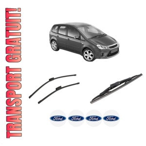Set 3 stergatoare FORD C-MAX (DM2) din 2007-2010, pentru parbriz si luneta fata si spate auto, Bosch Twin-Aerotwin Multi, din cauciuc siliconat rezistent, 4 Stickere Auto FORD