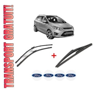 Set 3 stergatoare FORD C-MAX II (DXA/CB7, DXA/CEU) din 2010 - 2019, pentru parbriz si luneta fata si spate auto, Valeo Silencio, din cauciuc siliconat rezistent, 4 Stickere Auto FORD
