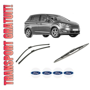 Set 3 stergatoare FORD C-MAX II Van din 2010-2019, pentru parbriz si luneta fata si spate auto, Bosch Twin-Aerotwin, din cauciuc siliconat rezistent, 4 Stickere Auto FORD