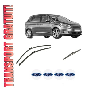 Set 3 stergatoare FORD C-MAX II Van din 2010-2019, pentru parbriz si luneta fata si spate auto, Bosch Twin-Aerotwin, din cauciuc siliconat rezistent, 4 Stickere Auto FORD