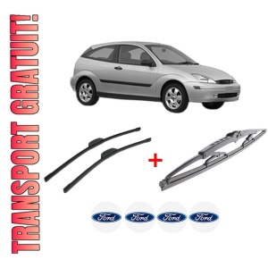 Set 3 stergatoare FORD FOCUS I (DAW, DBW) din 1998 - 2007, pentru parbriz si luneta fata si spate auto, Bosch Twin, din cauciuc siliconat rezistent, 4 Stickere Auto FORD