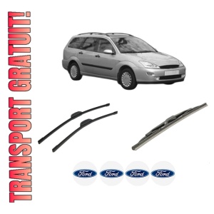 Set 3 stergatoare FORD FOCUS I Turnier (DNW) din 1999-2005, pentru parbriz si luneta fata si spate auto, Bosch Twin-Aerotwin Retrofit, din cauciuc siliconat rezistent, 4 Stickere Auto FORD