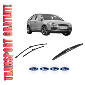 Set 3 stergatoare FORD FOCUS II (DA_, HCP, DP) din 2004-2012, pentru parbriz si luneta fata si spate auto, Bosch Twin-Aerotwin, din cauciuc siliconat rezistent, 4 Stickere Auto FORD