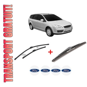 Set 3 stergatoare FORD FOCUS II Estate Van din 2004 - 2011, pentru parbriz si luneta fata si spate auto, Bosch Twin, din cauciuc siliconat rezistent, 4 Stickere Auto FORD