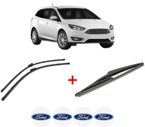 Set 3 stergatoare FORD FOCUS III Estate Van din 2012 - 2020, pentru parbriz si luneta fata si spate auto, Valeo Silencio, din cauciuc siliconat rezistent, 4 Stickere Auto FORD v13720