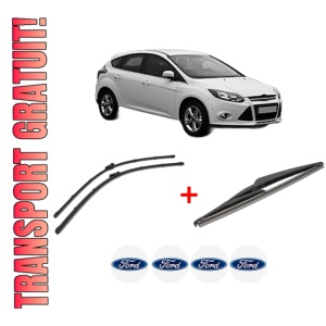 Set 3 stergatoare FORD FOCUS III Hatchback Van din 2011 - 2020, pentru parbriz si luneta fata si spate auto, Valeo Silencio, din cauciuc siliconat rezistent, 4 Stickere Auto FORD