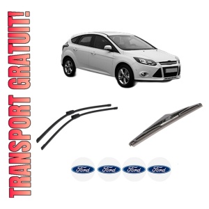 Set 3 stergatoare FORD FOCUS III Hatchback Van din 2011-2020, pentru parbriz si luneta fata si spate auto, Bosch Twin-Aerotwin Multi, din cauciuc siliconat rezistent, 4 Stickere Auto FORD
