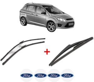 Set 3 stergatoare FORD GRAND C-MAX (DXA/CB7, DXA/CEU) din 2010 - 2019, pentru parbriz si luneta fata si spate auto, Valeo Silencio, din cauciuc siliconat rezistent, 4 Stickere Auto FORD v14560