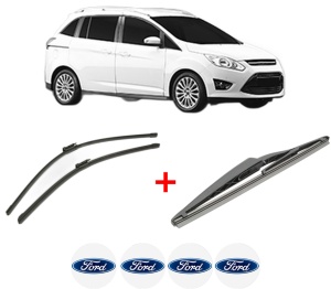 Set 3 stergatoare FORD GRAND C-MAX Van din 2010 - 2019, pentru parbriz si luneta fata si spate auto, Bosch Twin, din cauciuc siliconat rezistent, 4 Stickere Auto FORD v8861